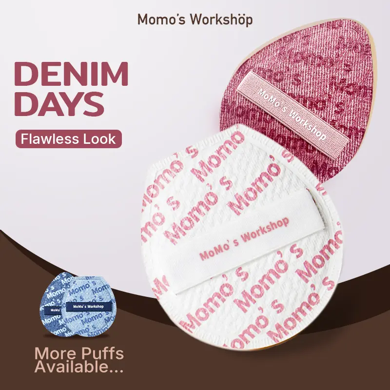 Momo's Workshop Denim Days 2-Piece Denim Puffs Duo with Storage Case - Beauty Sponge for Foundation, Concealer, Blush, Quick Flawless Application, Travel-Friendly