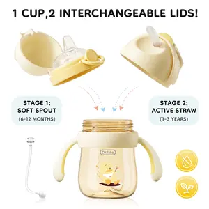 Dr.Isla 2-in-1 Anti-Colic Baby Training Sippy Cup (9oz/240ml) - PPSU, 180°C Heat-Resistant, BPA-Free, Leakproof No-Spill, Easy to Clean, Odorless, 360° Gravity Ball, Duckbill Nipple & Straw Lids Included for 6M-3Y