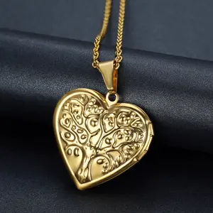 Exquisite Jewelry Gift - Stainless Steel Openable Photo Commemorative Golden Heart Tree of Life Pendant Necklace, Christmas Fashion Costume Accessory