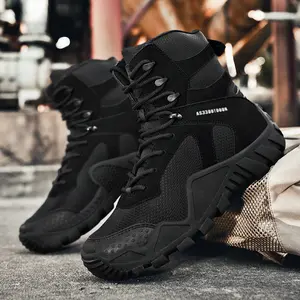 Men's stylish lace-up rubber sole hiking boots, casual sports shoes, anti-slip and breathable walking shoes, outdoor shock-absorbing combat boots, men's sports shoes, black sports style