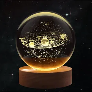 3D Solar System Crystal Ball Night Light - LED Light Hologram Glass Lamp with Solid Wood Base, USB Powered Crystal Ball Lamp w/Adjustable Brightness for Home Decor Display Gift,2.4inch(60mm)
