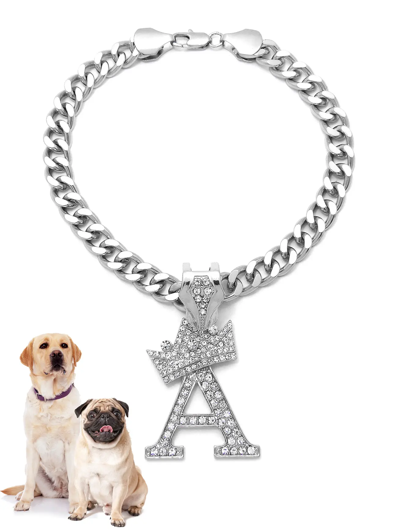 Icemond Initial Pendant Pet Necklace, Rhodium-Plated 18-in Cuban Chain with Rhinestone Studs [A-H], Zinc Alloy Stylish Design Neck Accessory for Medium-Large Dogs, Dry Clean Only, All Seasons Use, Fashionable, 18-Inch