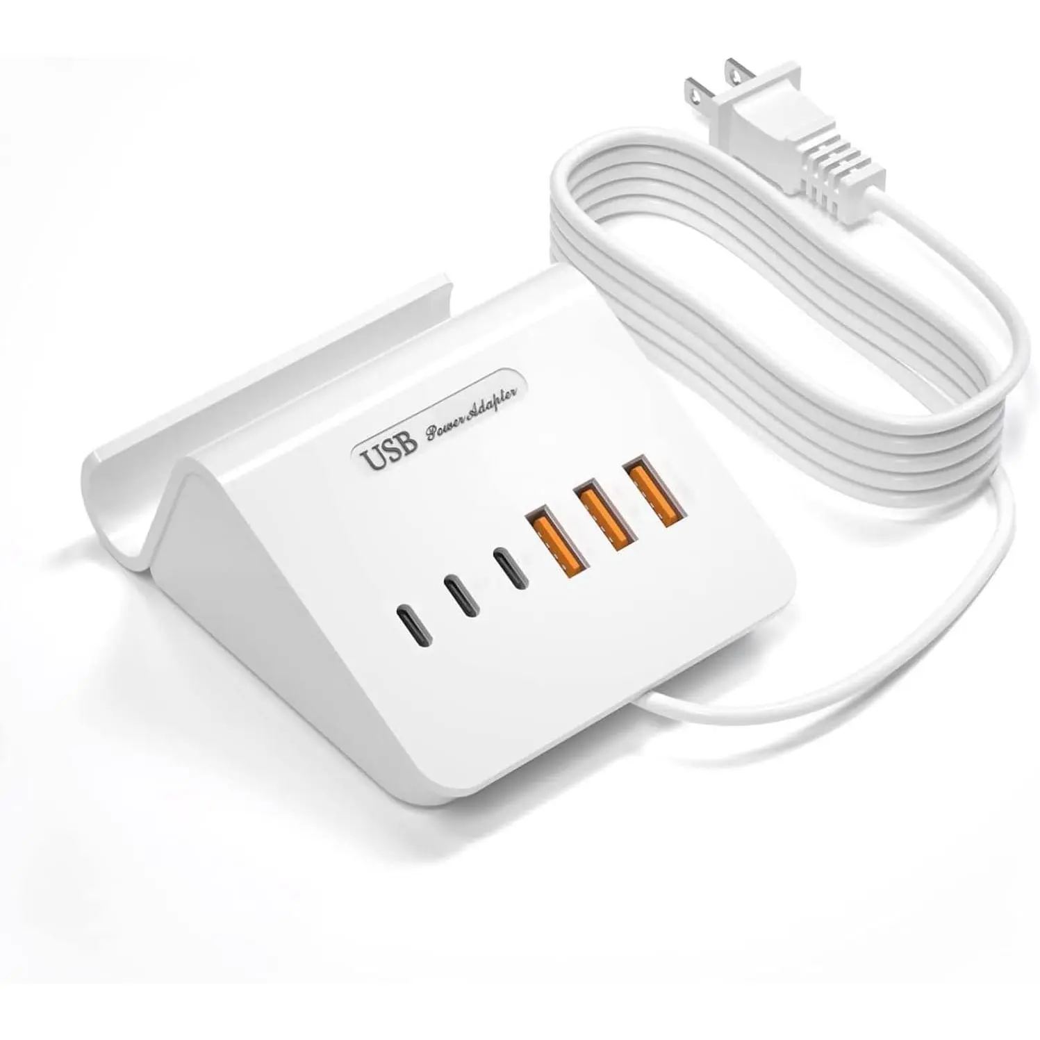 X-APT08  USB Charging Station, 6 Port 3USB-A and 3USB-C Charging Station for Multiple Devices, Multi USB Nightstand Charger Station with Phone Stand (ETL Listed, 6Ft Extension Cord, White)