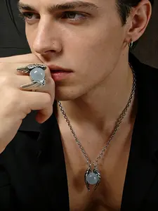 2-Piece a set Dark Angel Wing Beaded Necklace & Adjustable Ring, Gothic Y2K Punk Accessories for Men and Women, Trendy and Edgy Jewelry, Ideal for Graduation, Father's Day, Couple Birthdays and Anniversaries