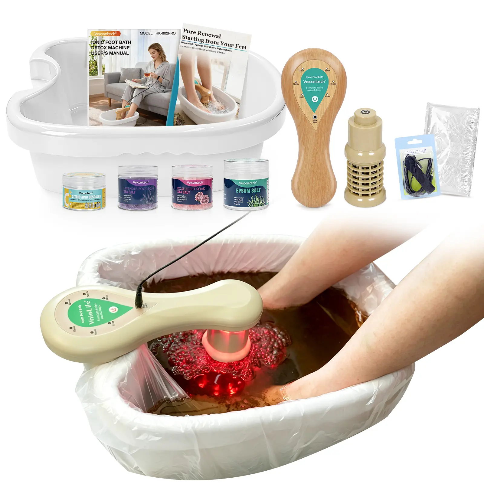 New Model Ionic Foot Soaker with Chromatherapy Rainbow Light, Wrist Band, Enhanced Array, 3 Packs Epsom Salt – At-Home Salon Relaxation, Massager for Tired Feet, Great Gift Choice summerwins, Basin, Colorful