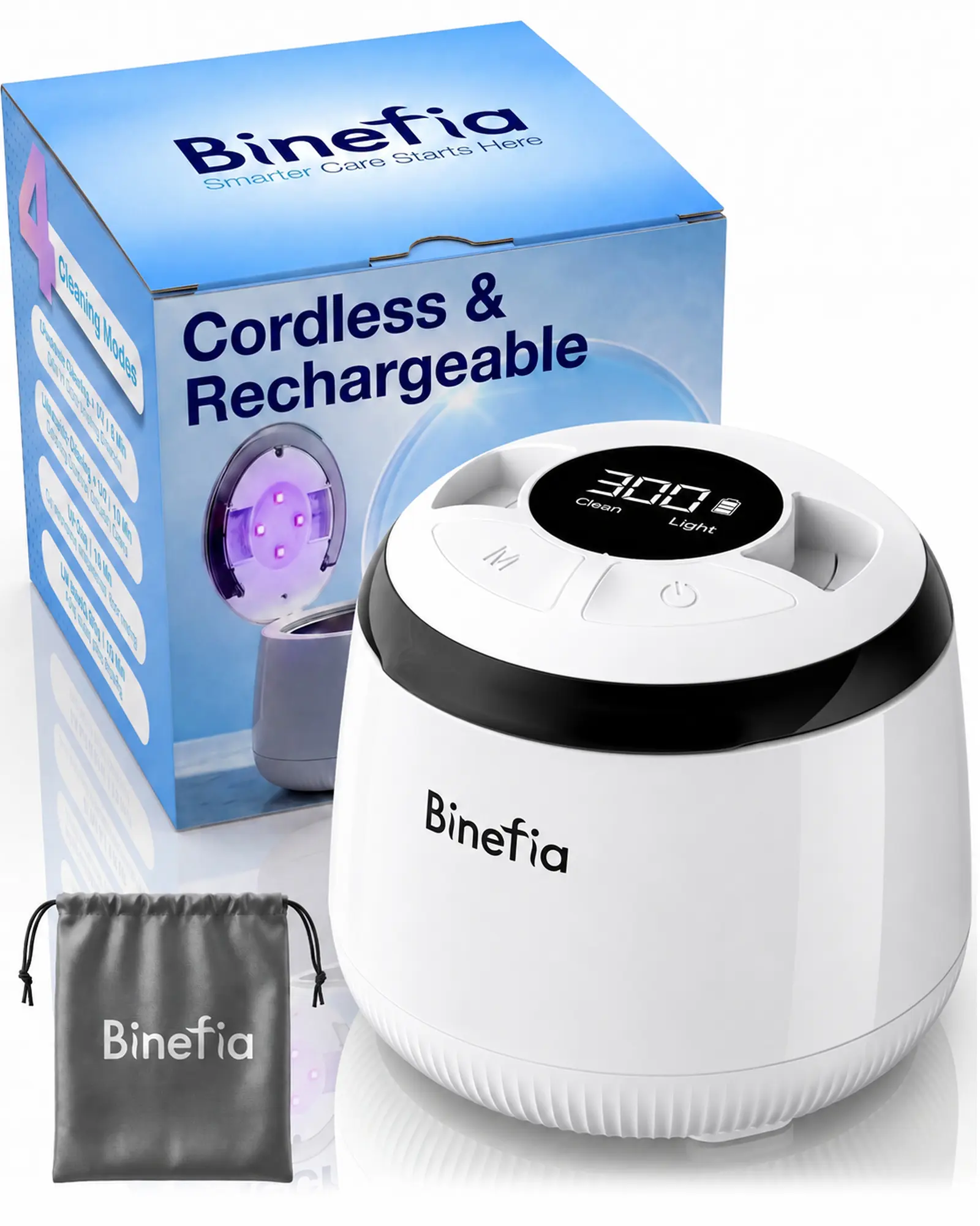 Binefia Portable Ultrasonic UV Cleaner Cordless Rechargeable Retainer Cleaner Machine 50kHz 4000mAh 200ml Dental Pod With 4 Cleaning Modes For Aligners Dentures Mouth Guards Night Guards Jewelry Home Travel