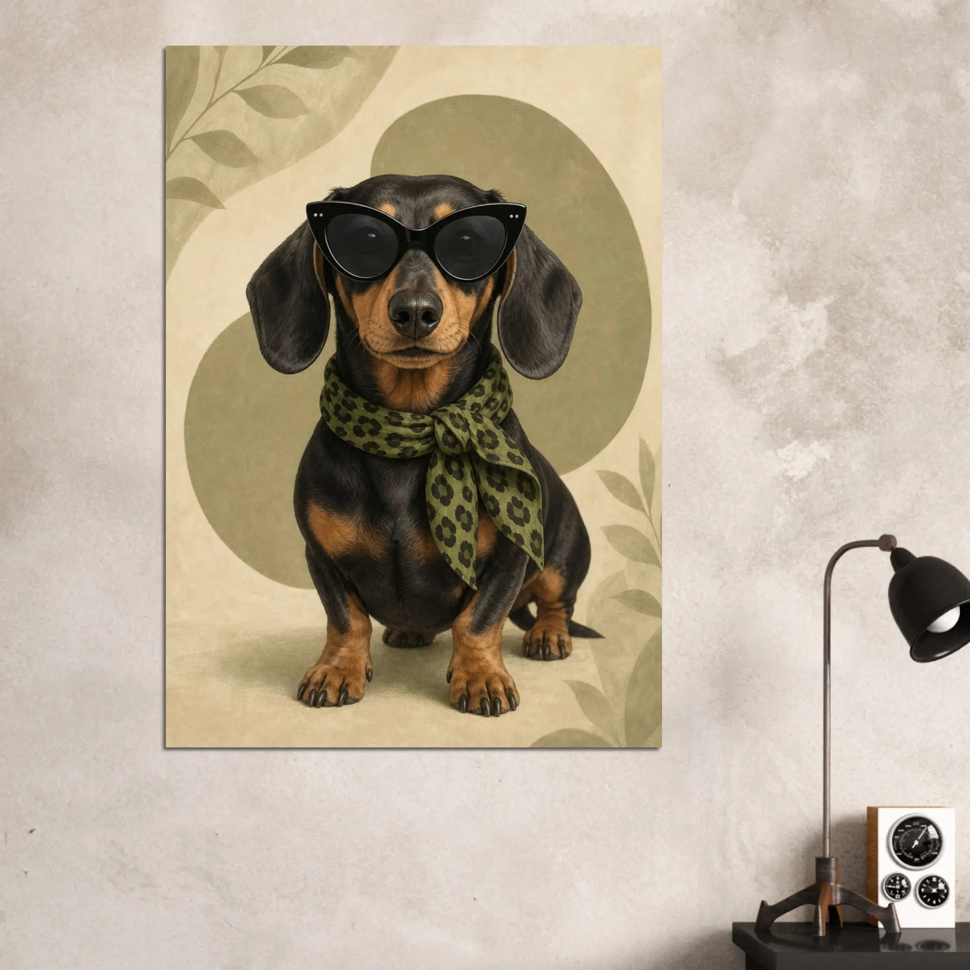 Dachshund Poster with Sunglasses and Scarf, Trendy Dog Wall Art, Modern Puppy Illustration, Gift for Dog Lover, Minimalist Pet Decor