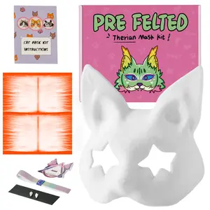 Therian Cat Mask Kit with Star Eyes - White Fleeced Cat Mask Base with Faux Fur, Eye Mesh and Cat Like Fuzzy Fabric - Felted for You, Skip the Messy Work Box Paint