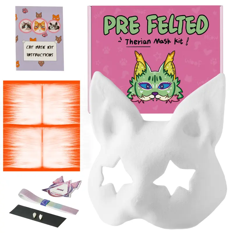 Therian Cat Mask Kit with Star Eyes - White Fleeced Cat Mask Base with Faux Fur, Eye Mesh and Cat Like Fuzzy Fabric - Felted for You, Skip the Messy Work Box Paint