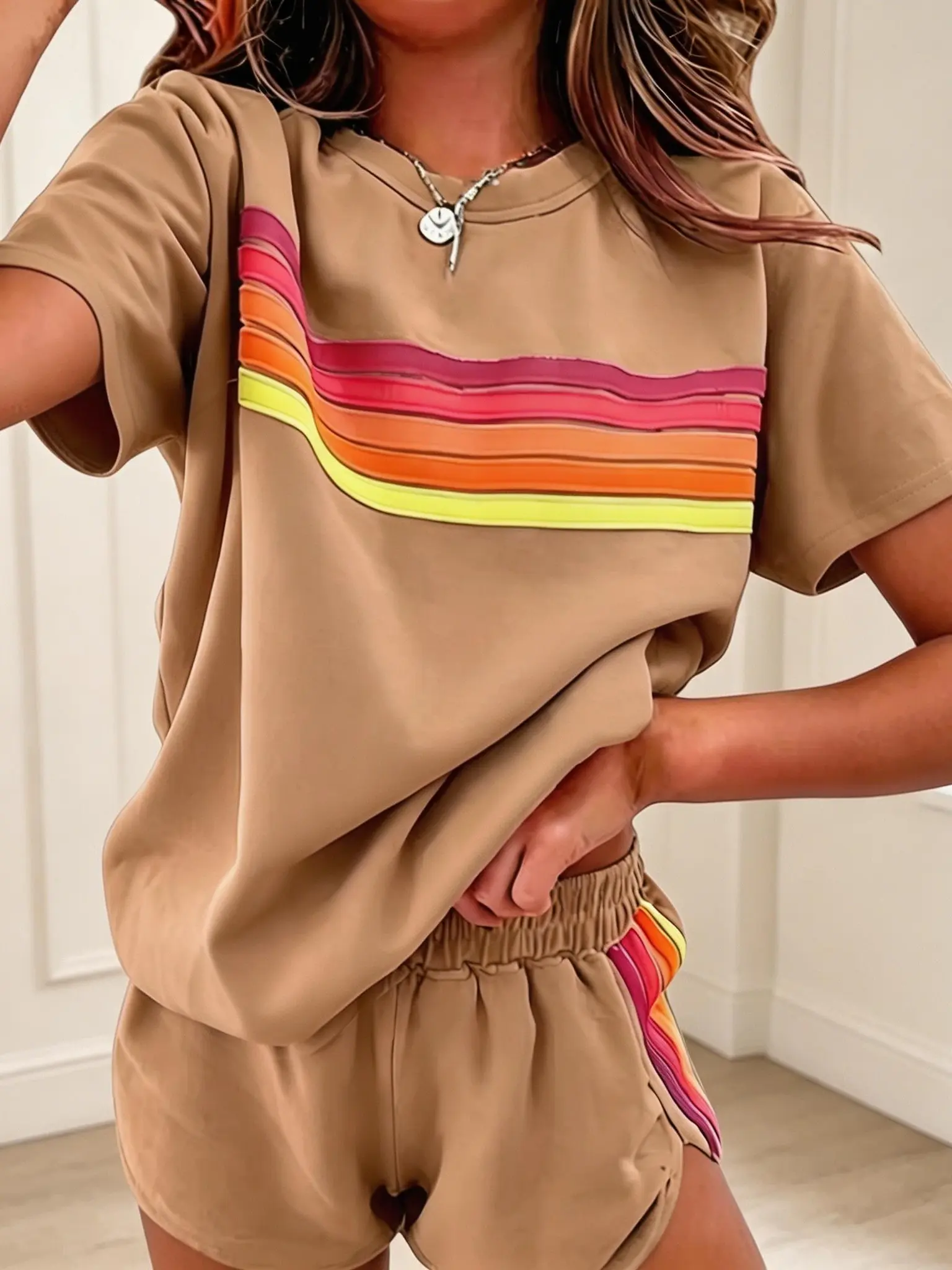 Women's 2-Piece Breathable Rainbow Stripe Slim Fit Set, Figure-Flattering Cut, Home & Athletic Casual Outfit, Light Breezy Fabric, Sweet & Spicy Silhouette, Summer Women’s Clothes, Vibrant Style, Cotton Polyester Blend, Soft Stretchy Matching Sweatsuit Cu