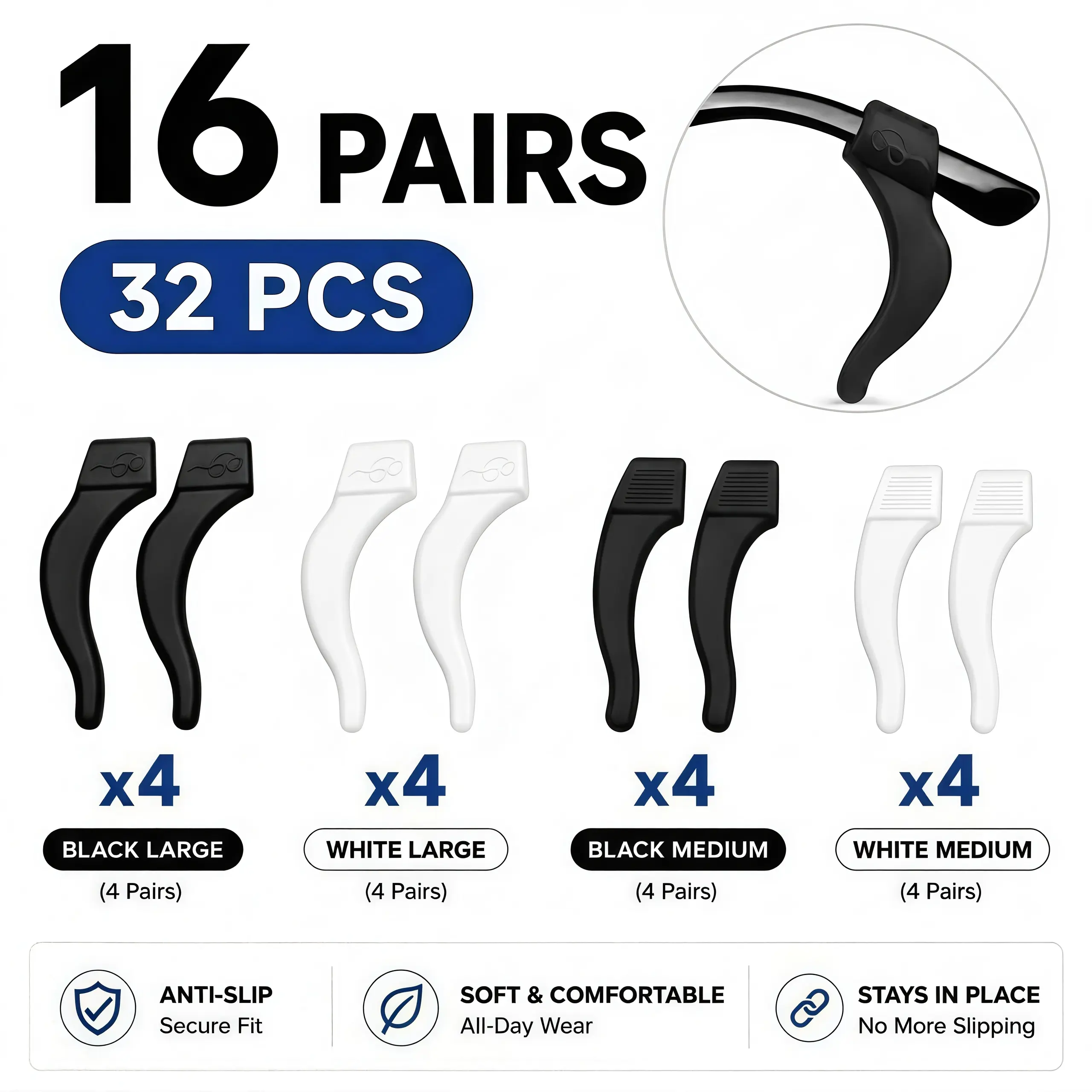 16-Pair Eyeglass Ear Grips Ergonomic Silicone Universal Anti-Slip Behind Ears Temple Tip Retainers, Soft Stretchy Clip-On Holders for Sunglasses, Prescription Glasses, Sports Wear