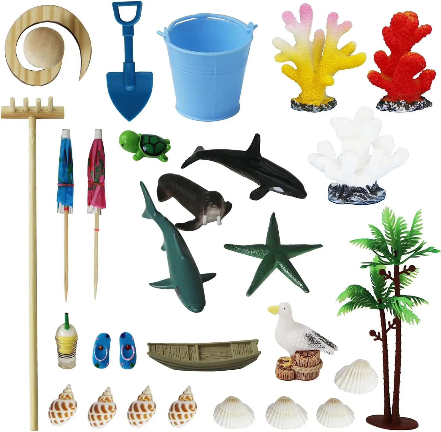 28 pcs Desktop Beach Zen Garden Accessories Kit - Fairy Aesthetic Sandbox Home Decor with Bamboo Rake, Colorful Resin Fairy Figurines, Office Stress Reliever, Mindfulness Gift for Adults, DIY Toy (Dollhouse Miniatures, Miniature Things Included), Relaxati