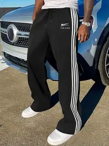 Men's Striped Side Straight Leg Pants, Street Fashion Casual Loose Fit, Breathable Aerobic Workout Pants, Active Gym Pants, All Seasons Wear, Multiple Colors Available, Casual Sporty Trousers