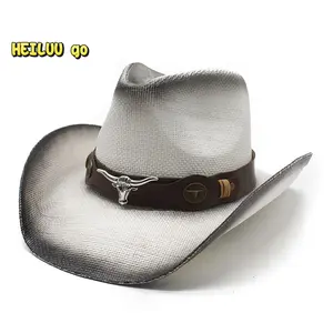 Women Men Summer Straw Hat Decorative Cow Head Belt Bucket Hats Sun Protection Sun Cap Cowgirl Hat