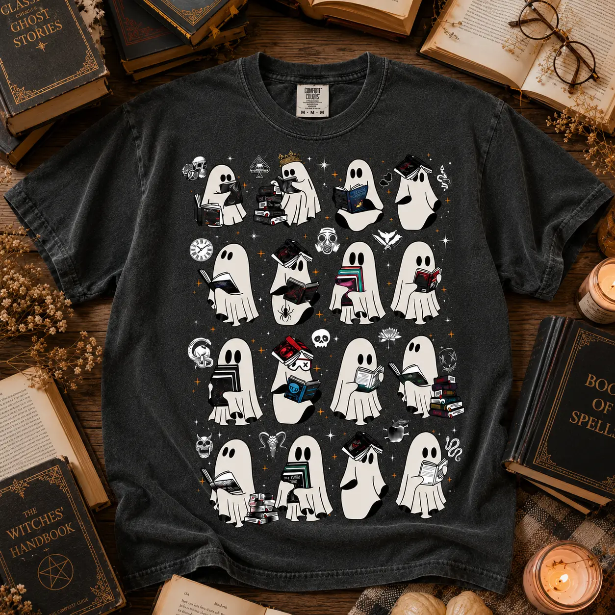 Comfort Colors Ghosts Reading Dark Romance Series Books T-Shirt, Haunting Adeline Ghost shirt  The Lords Series shirt  Legacy Of Gods, Devil's Night, Librarian Halloween Tee