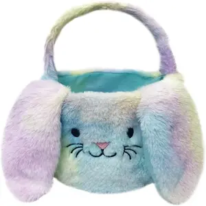 Easter Bunny Basket Plush Decorative Basket for Eggs Candy and Small Gifts (Rainbow)