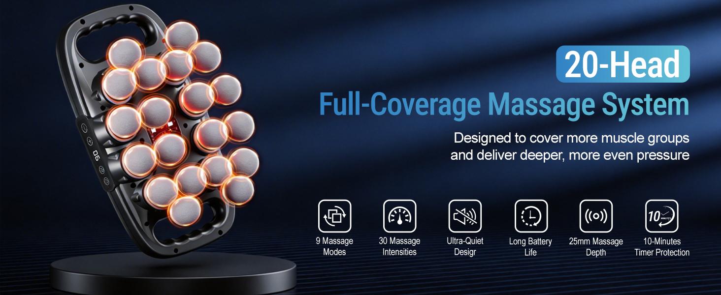 Bluefair 20-Head Percussion Massage Gun with 30 Levels & 9 Modes Deep Tissue Percussion Massager for Back Shoulders – Portable Massager with Red Light Therapy Adjustable Daily Use Quiet twenty-Head Model Gift, Fitness Recovery, Home Gym & Office Use