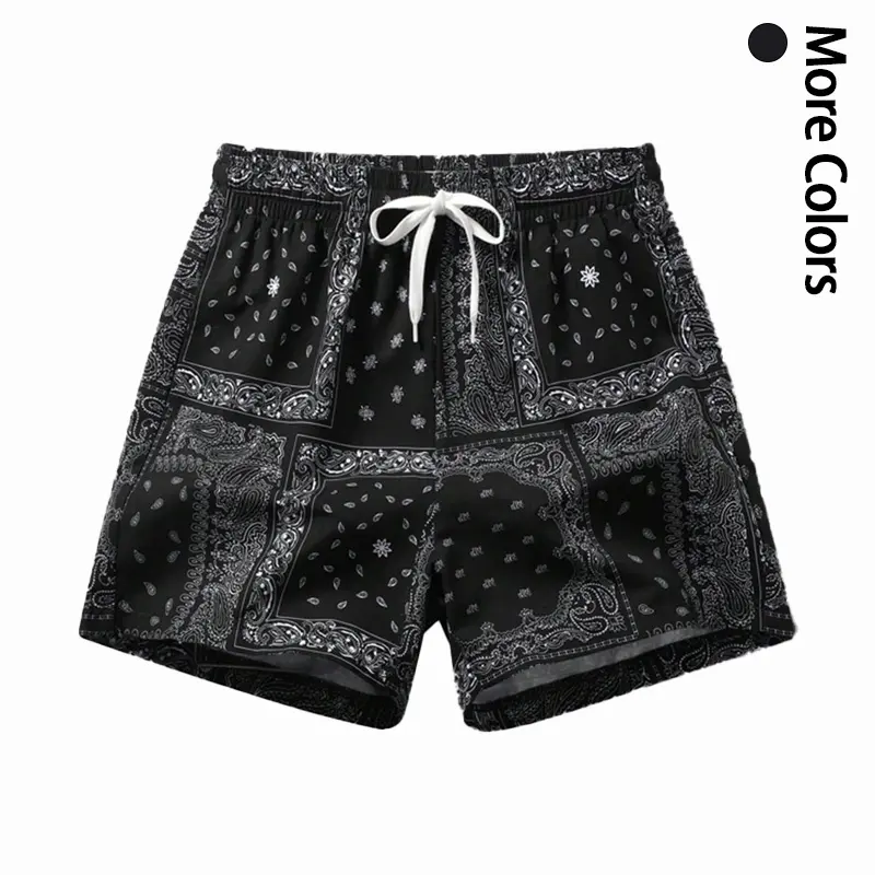 Men's Paisley Print Casual Shorts - Adjustable Drawstring Waistband, Street-Style Cool Vibe, Comfortable Bottom for Everyday Workouts, Black Fit