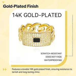 14K Gold-Plated Cuban Chain Ring, Iced Out Cubic Zirconia Design, Cuban Links, Durable Metal Unisex Hip Hop Fashion Jewelry for Men/Women, Sizes 6-12, Streetwear Gift Choice