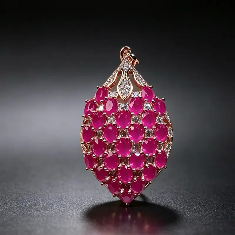<PingEast Jewelry> Ruby strawberry Pendant Necklace A dazzling pineapple-shaped pendant featuring 26 natural “pigeon blood” rubies from the Mogok mines in Myanmar. Each ruby weighs 0.4 ct, is eye-clean, and exhibits strong fluorescence