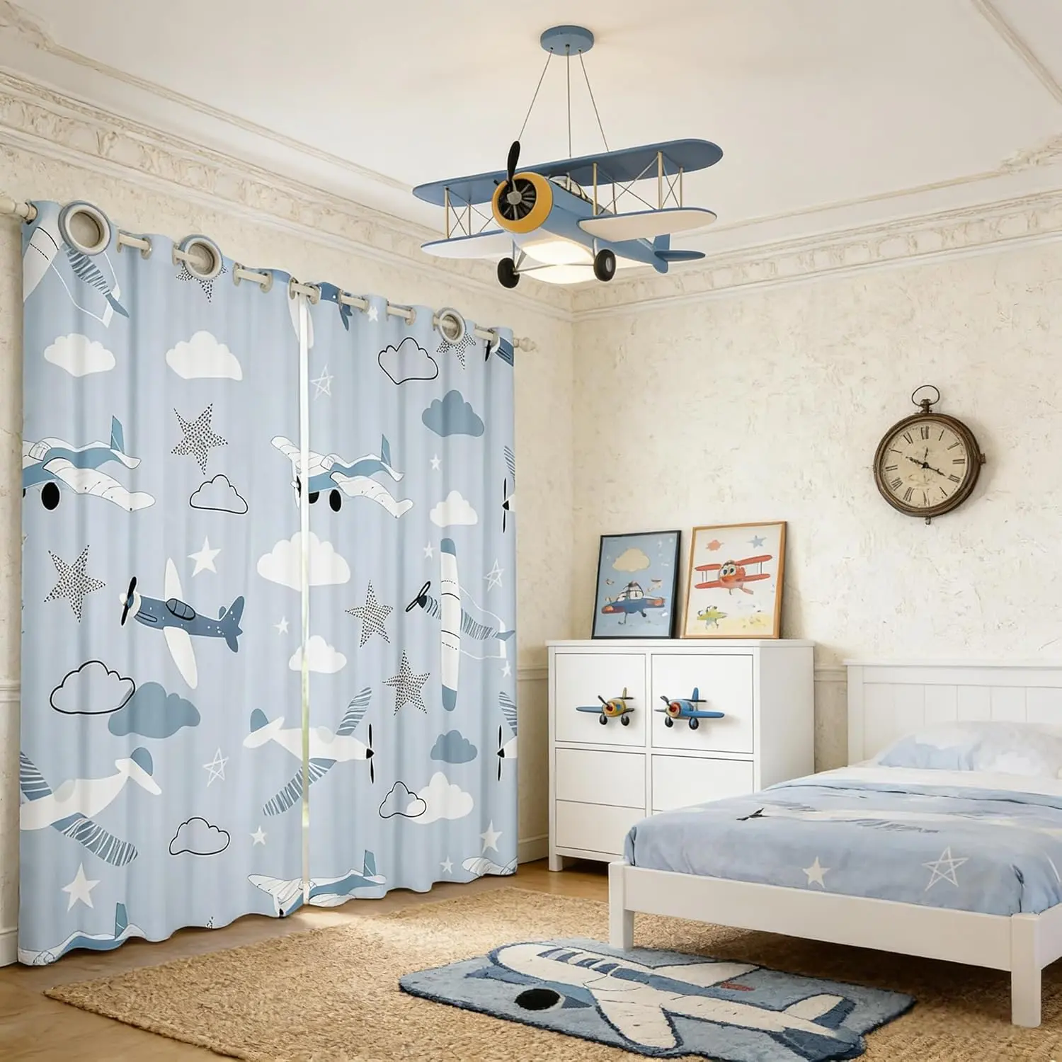 Cartoon Airplanes Blackout Curtains,Cute Aircraft Window Drapes Adults,Starry Clouds Outer Space Adventure Blue Lovely Window Treatments Grommet Top Panel Set