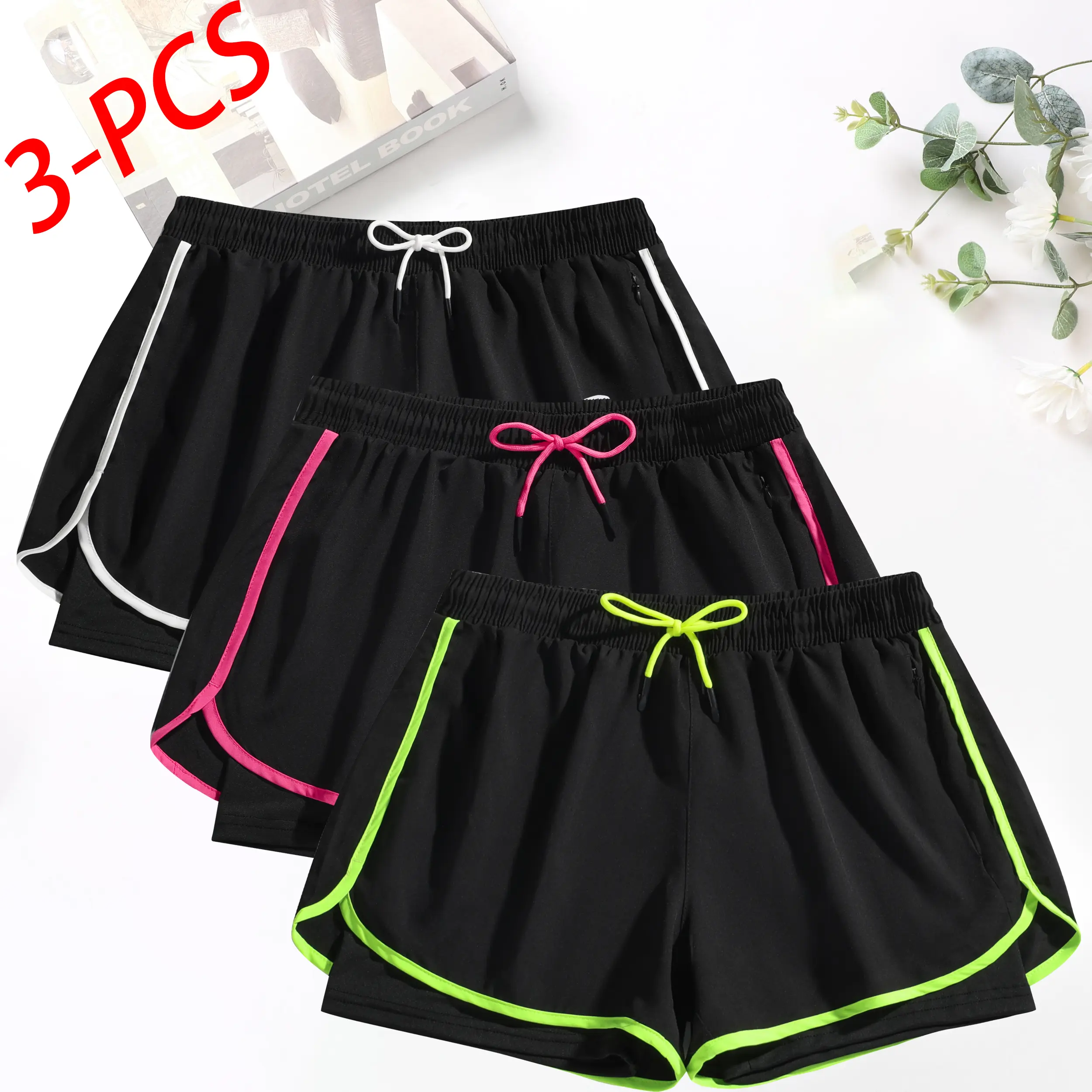 3-pack women’s double-layer anti-exposure quick-dry sports shorts, with inner lining and zippered pockets, featuring fluorescent side stripes for running and fitness