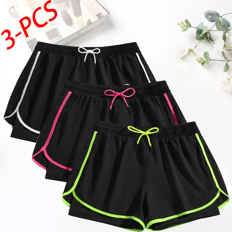 3-pack women’s double-layer anti-exposure quick-dry sports shorts, with inner lining and zippered pockets, featuring fluorescent side stripes for running and fitness