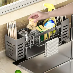 Premium Carbon Steel Sink Caddy with 2 utensil holders. No-drill countertop organizer with self-draining tray and detachable rod. Ideal for brushes, chopsticks, knives, forks and spoons, stylish gray for kitchen storage.