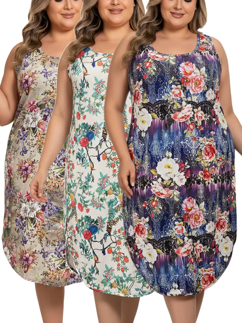 【Flash Sale】Plus Size Pajama Sets 3-Pack Floral Sleeveless Nightgowns Tank Sleep Dress 1XL-5XL Comfy Loungewear for Women