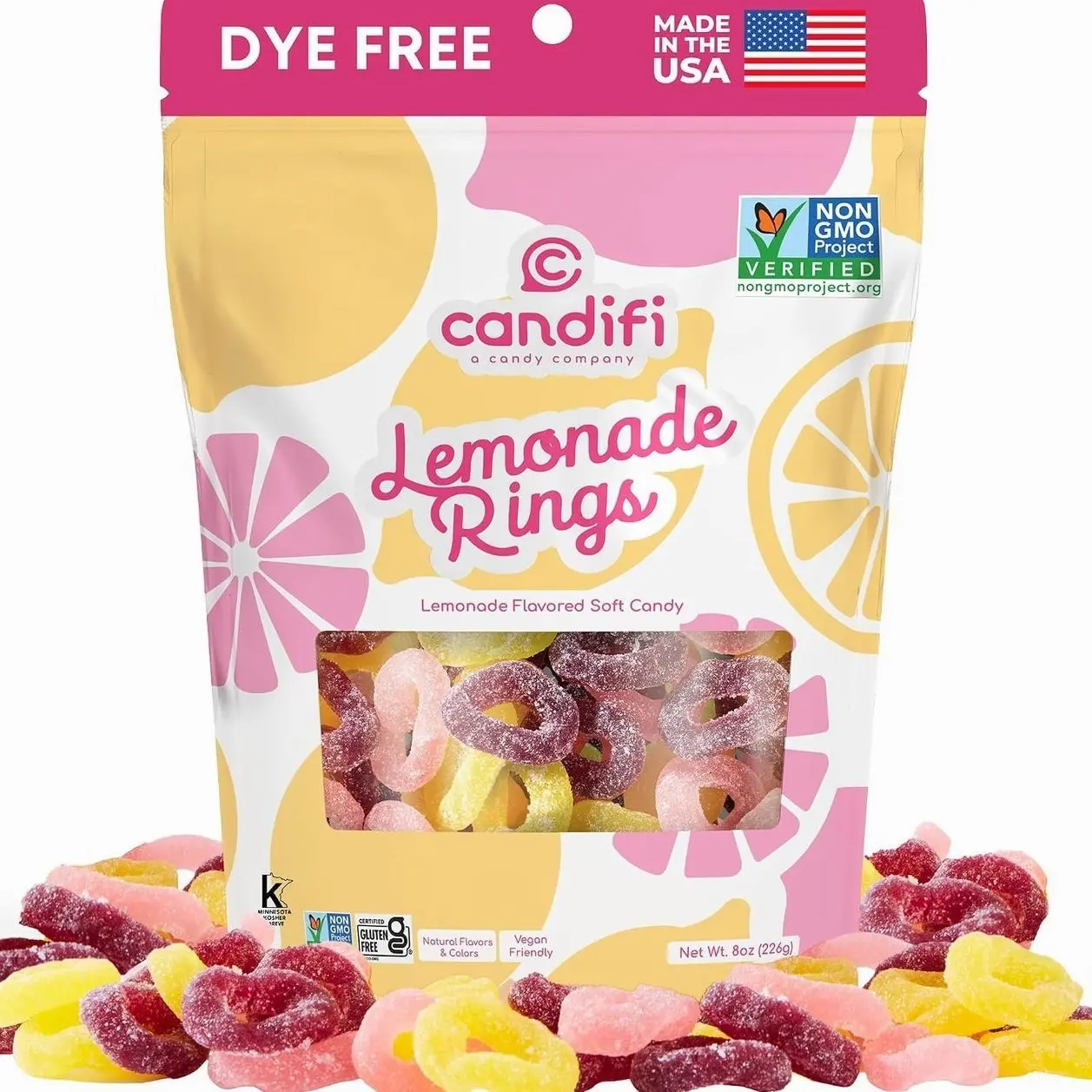 Candifi Lemonade Rings – Sour-Sweet Vegan Pink Lemonade Gummy Rings – Dye Free Candy – Sour Gummies Natural Candy, Non GMO – Kosher, No Gelatin, Gluten Free Snacks (8 oz)