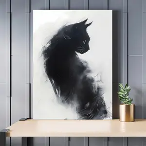 1pc Artistic 2D Flat Ink-Style Black Cat Canvas Painting, Creative Wall Decoration for Home Bedrooms, Living Rooms, Offices