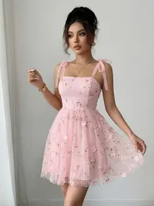 Elegant Women's Dress with Mesh Embroidery and Bow Tie Straps, Stylish Fashionable Design, Perfect for Special Occasions
