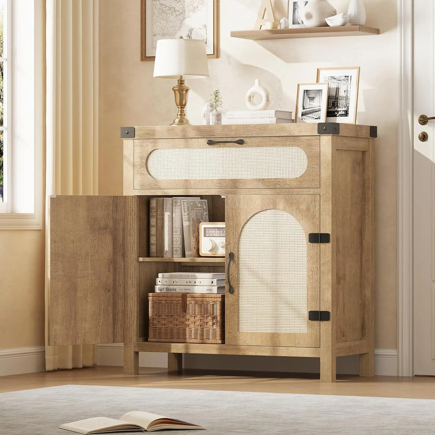 29.9 inches Small Rattan Buffet Cabinet with Storage  Kitchen Coffee Bar Cabinet with Doors and Drawer  Boho Farmhouse Sideboard with Adjustable Shelves and Handle for Living Room -Natural-B