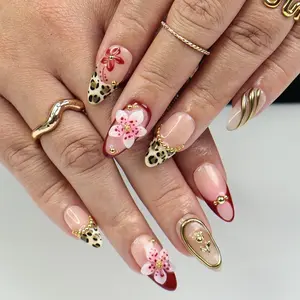 Vacation Press On Nails with Leopard Print and 3D Flowers, Red and Gold Long Fake Nails for Beach Holiday or Tropical Summer Look
