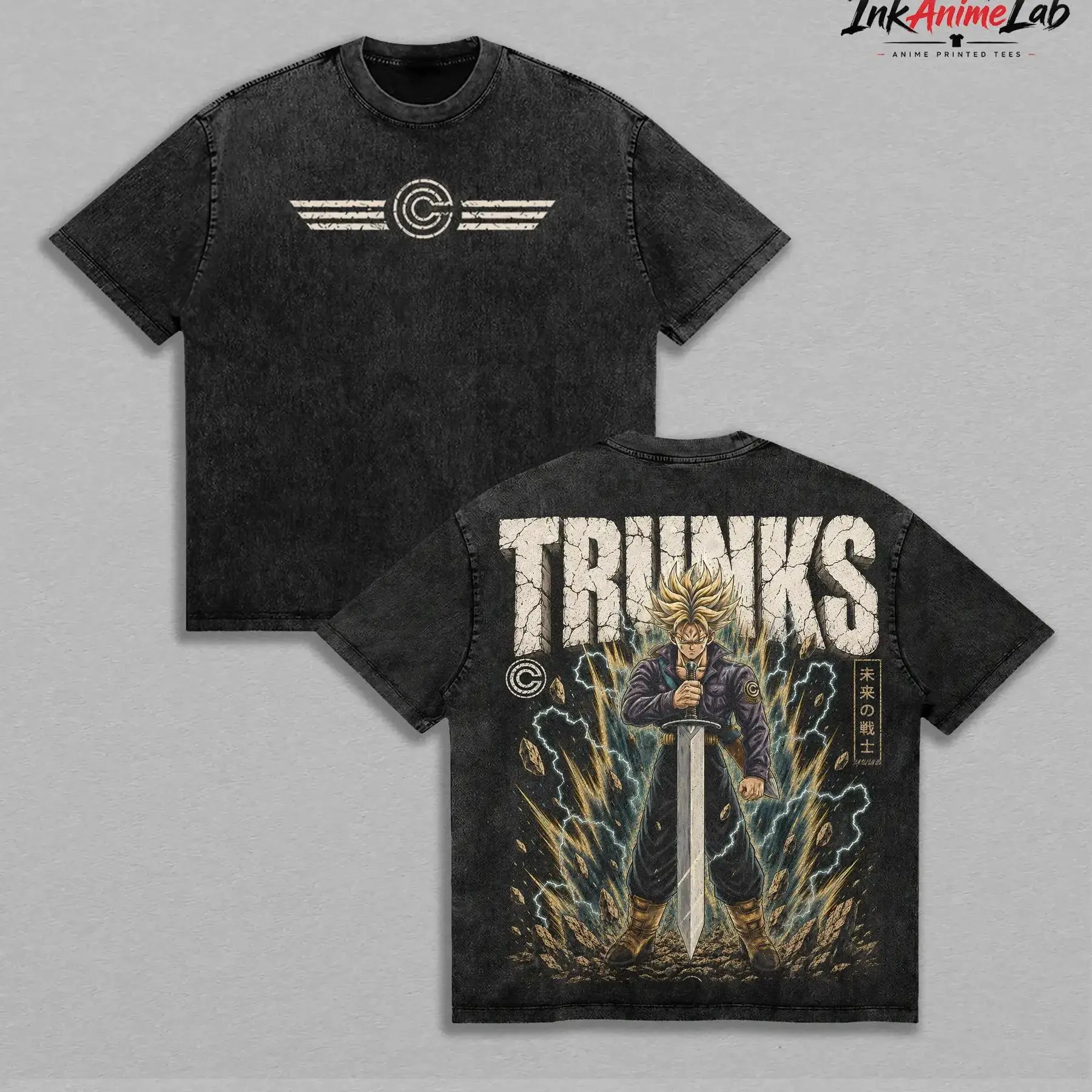 Vintage Future Trunks Anime Graphic Tee Heavyweight Streetwear Men's Unisex Shirt - Double Printed Sword Time Warrior Lightning Battle Aura Large Back Print Top - DBZ Y2K Japanese Manga Clothing Cool Gift For Him, Oversized Retro Tee Shirt Anime Merch!