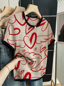 Heart Print Round Neck Fitted Sweater, Casual Short Sleeve Knitwear for Spring Summer Fall, Comfortable Warm Women's Clothing
