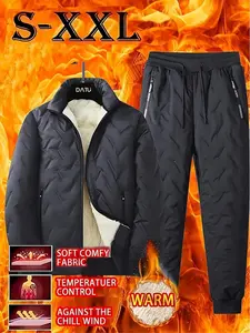 2 Piece Set - Autumn Winter Men's Stand Collar Jacket Long Sleeve Coat and Trousers, Men's Casual Winter Jacket Set, Fleece Lined Polyester Fabric with Stand Collar and Pockets