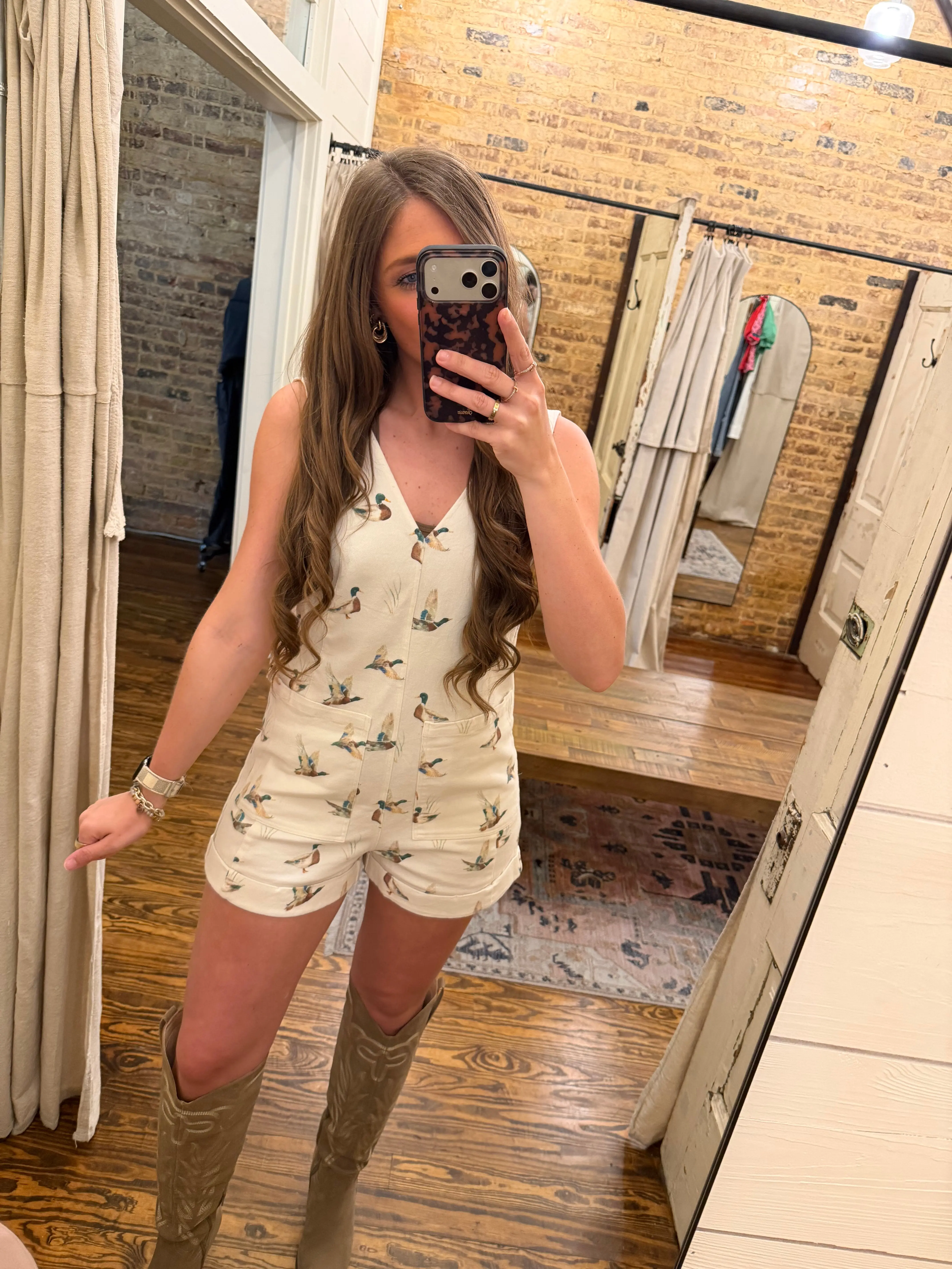 Mallard Duck Print Loose Fit Romper Ivory