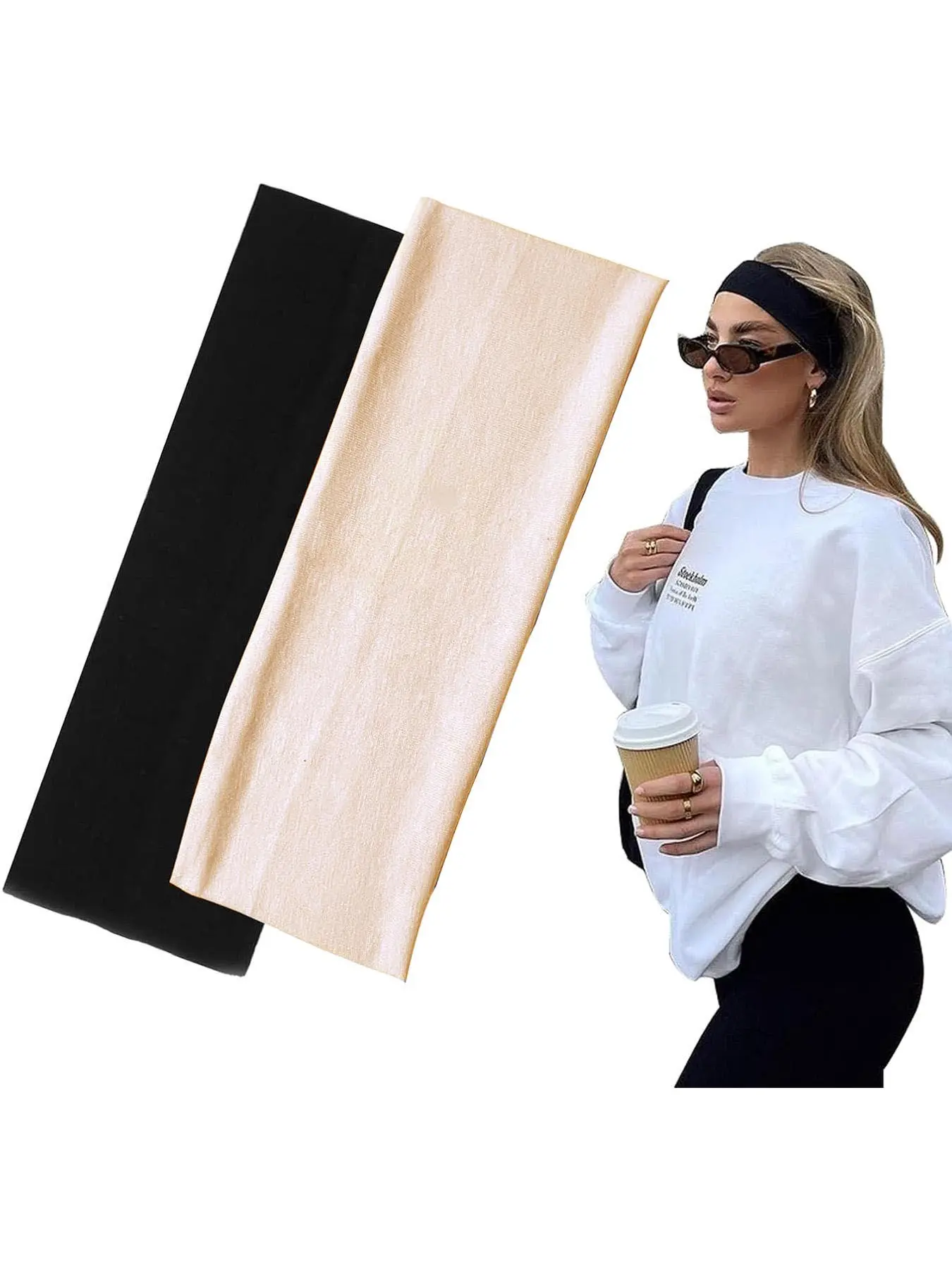 7cm Wide Black Headbands for Women Men,  2pack Fashion Head Bands for Women's Hair, Soft Fabric Stretchy Hair Bands, Hairbands for Makeup, Yoga, Running, Gym Headband, Workout Headbands, Athletic Headbands