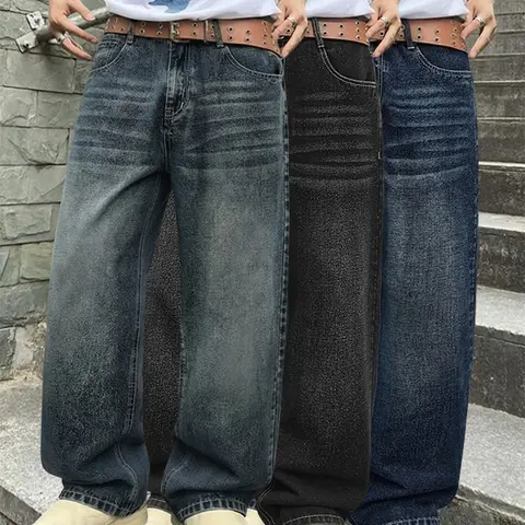 3-Pack Men’s Spring/Autumn Straight-Leg Washed Jeans – Trendy Street Style, Loose Fit, Versatile Casual Long Pants for Men