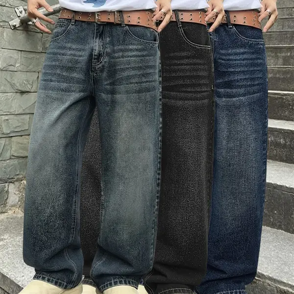 3-Pack Men’s Spring/Autumn Straight-Leg Washed Jeans – Trendy Street Style, Loose Fit, Versatile Casual Long Pants for Men