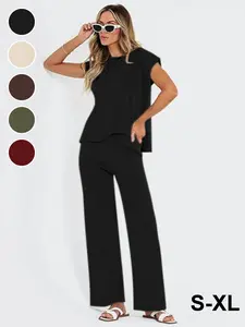 Women's Summer Casual Minimalist Comfort Homewear Set, 2 Piece Outfit Fashion Solid Color Shoulder Strap Round Neck Top and Straight Leg Pants Womenswear