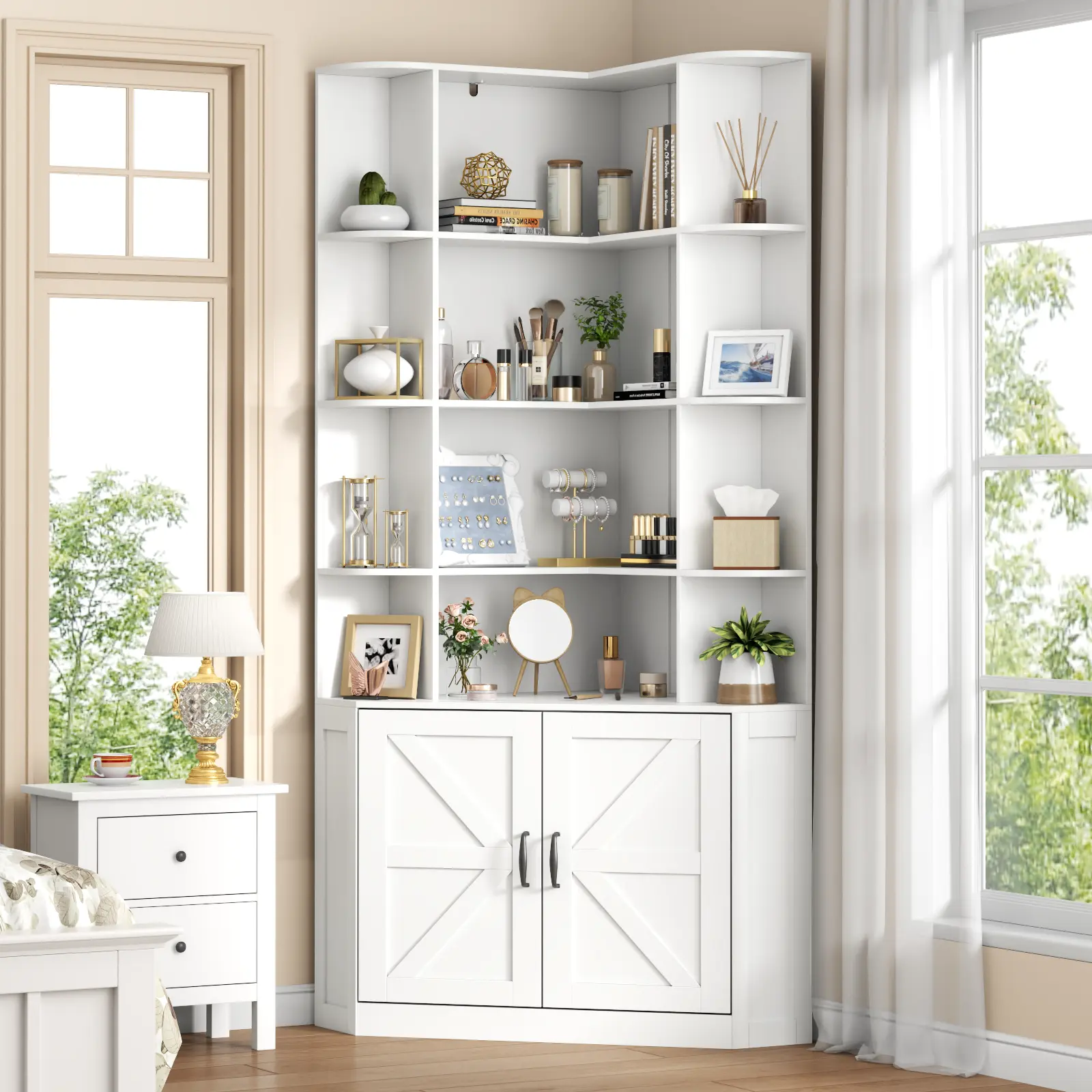 Gyfimoie Corner Bookshelf with Doors, 6 Tier Corner Bookcase with Storage Cabinet, White L-Shaped Book Shelf with 8 Open Racks