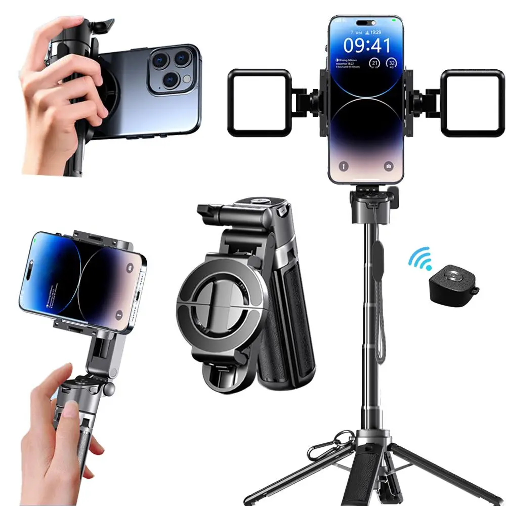New magnetic & clamp 5-in-1 mini selfie stick with 2 LED light, Wireless Bluetooth control ,Can Transforms into Tripod/Handheld Stabilizer/Phone Stand/Shooting Assistant for Selfies shooting Video Recording Vlogging,Valentine's Day  Gift,summerwins