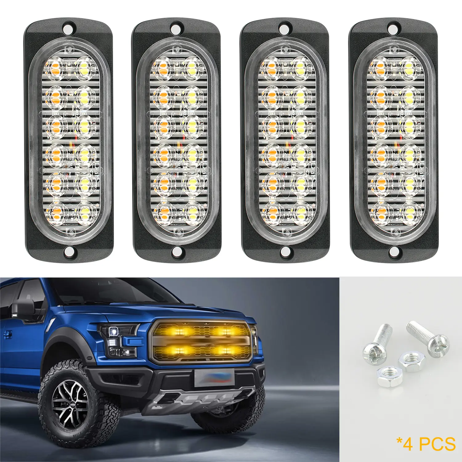 4Pcs 12-LED Amber White Strobe Warning Lights, IP67 Waterproof Flashing Emergency Marker Lamps, DC12-24V Universal Hazard Signal Lights for Truck SUV Van Trailer Engineering Vehicles