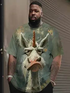Men's Large Size 3D Unicorn Pattern T-Shirt, Elastic Polyester Spandex Blend, Casual Streetwear Party Tee, Digital Print, Short Sleeve Round Neck, Menswear