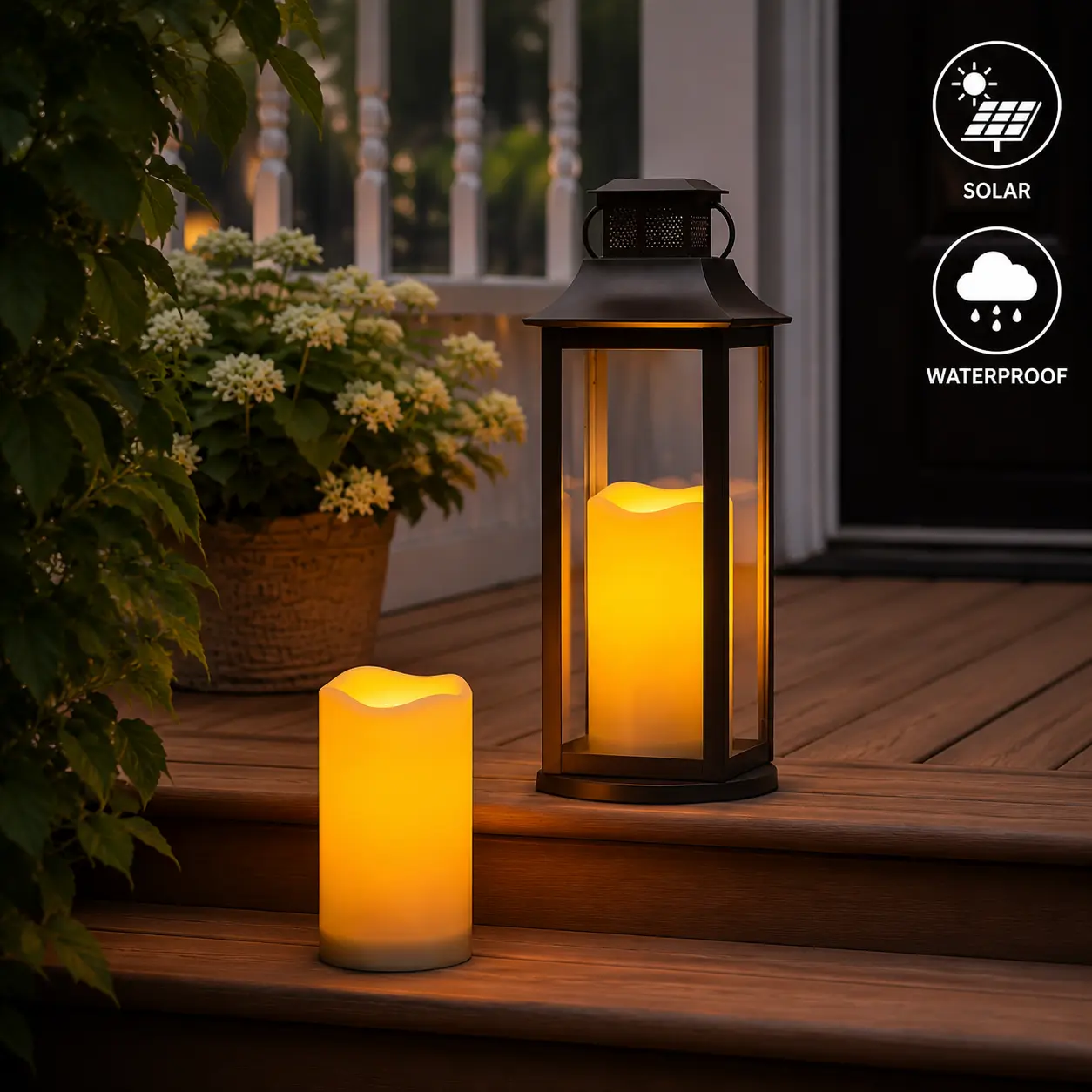Rechargeable Solar Outdoor Waterproof LED Pillar Candles - 3"x6" Flameless Flickering Dusk-to-Dawn Sensor, Water Resistant Glow LED Decorative Lights with Built-in Batteries for Halloween, Lanterns,, Solar Decorativ Solar Decorative Lights Outside Lights