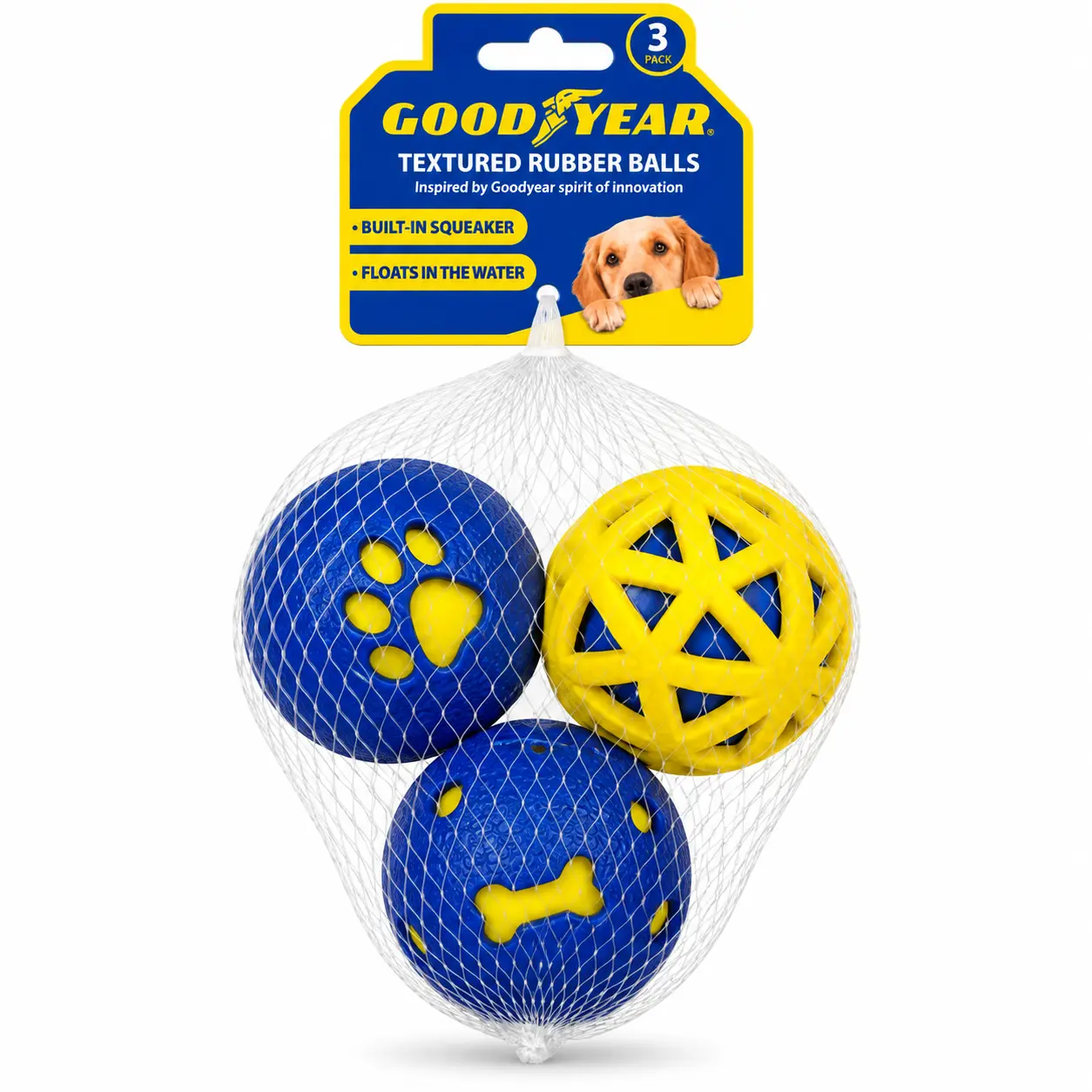 Goodyear Textured Rubber Balls for Dogs - 3 Pack with Built-in Squeaker & Floats in Water - Fun & Durable Playtime Toys