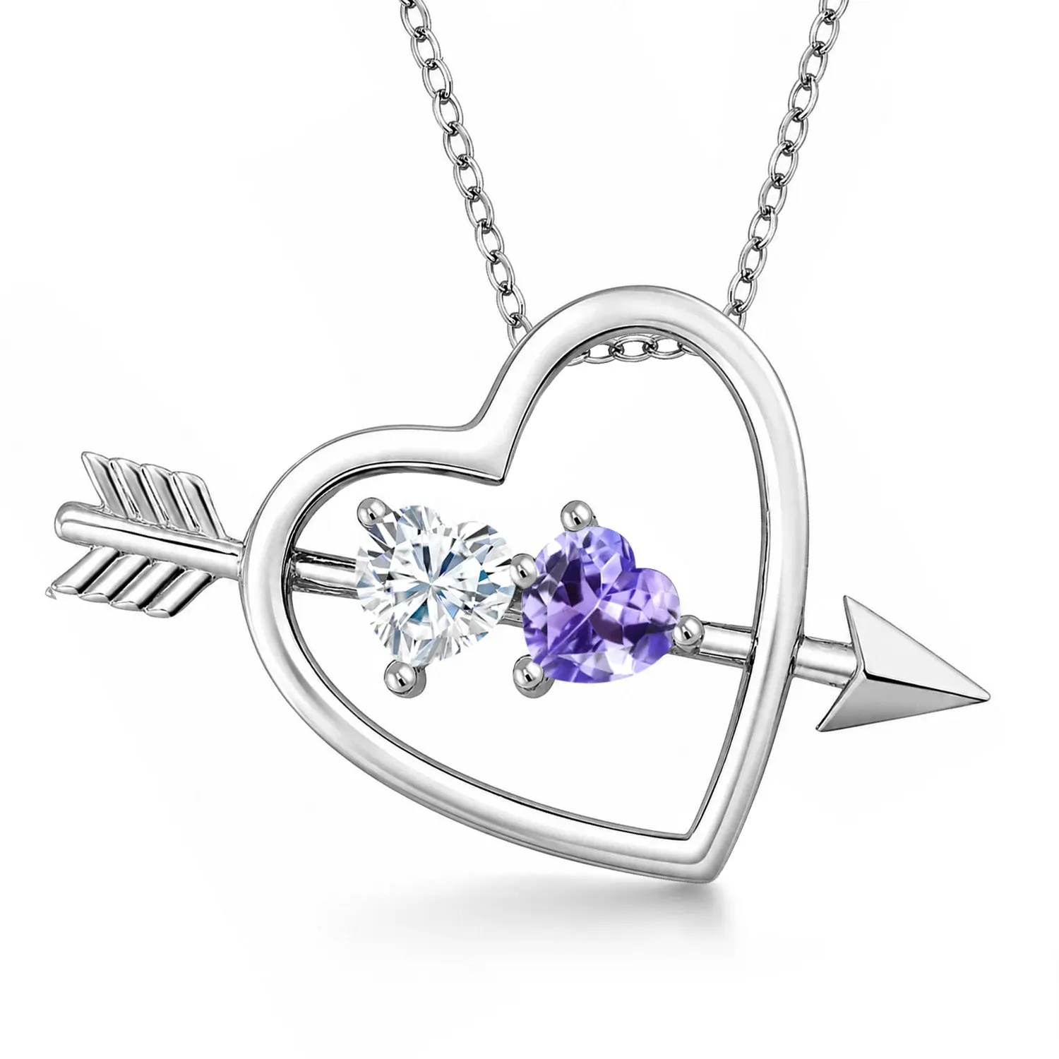 925 Sterling Silver Blue Tanzanite Pendant with Chain Set with Moissanite (0.92 Cttw)