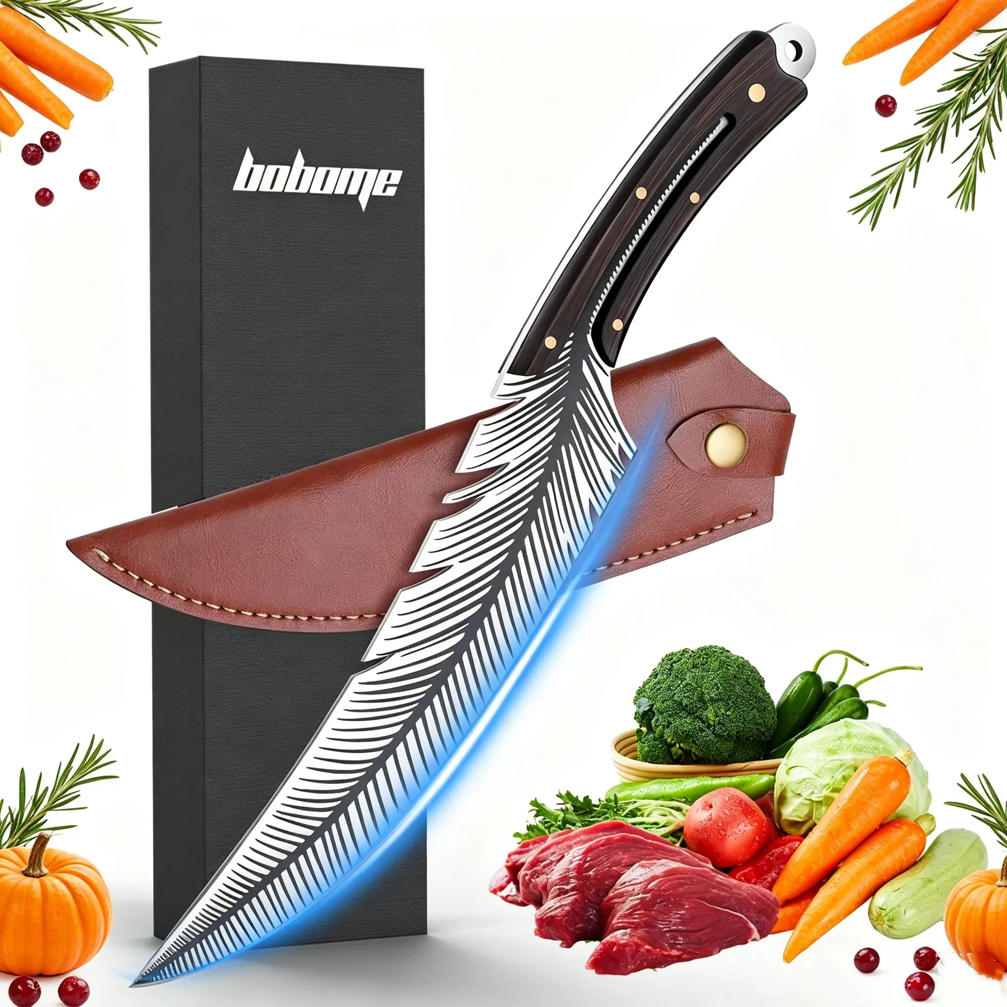 Feather Viking Knife – Hand-Forged Boning Knife with Sheath,Feather Knife Hand Forged Japan Viking Knives,High Carbon Steel Butcher Boning Knife Chef Knives, for Kitchen Camping Gift campingessentials